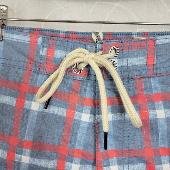 Ocean & Earth Swim Trunks Mens L Blue Red Plaid Lace Up Fly Netted Surf Beach - Picture 9 of 10